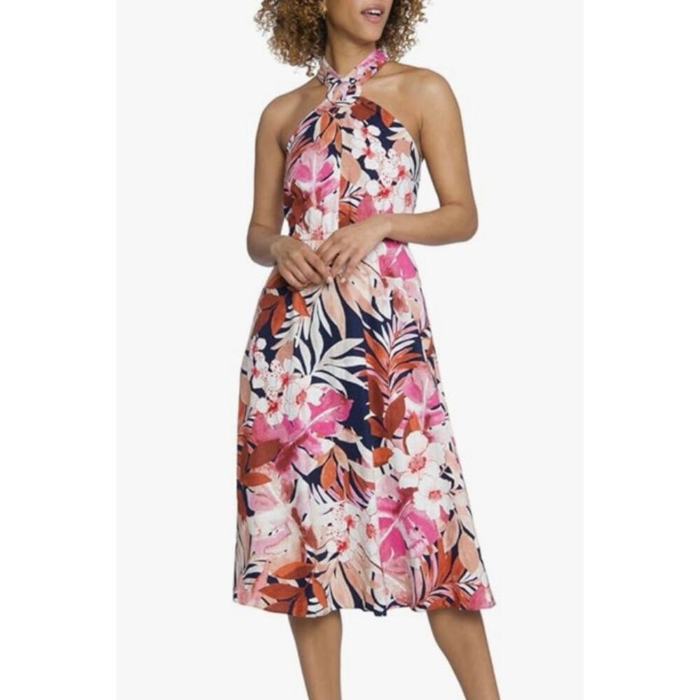 Maggy London Tropical Floral Print Halter Midi Dress with Cinched Waist NWT - Picture 2 of 11